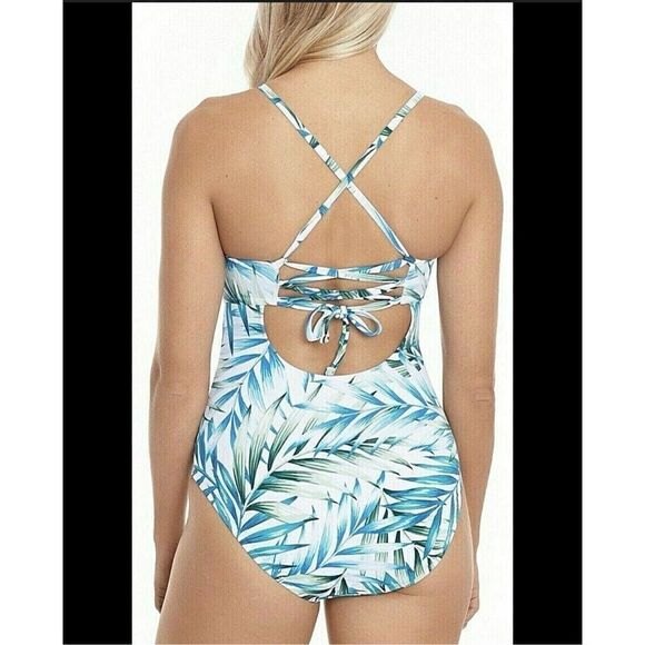 Time and Tru Women's Flower Frenzy One Piece Swimsuit Tropical Leaf Pattern Whit - Picture 5 of 13